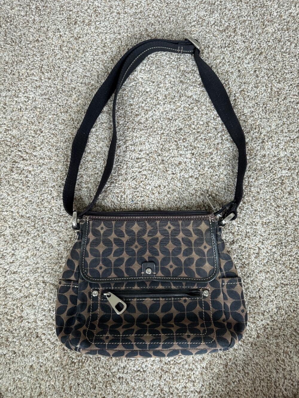 Fossil Marlow Crossbody shoulder bag messenger bag Canvas Leather Black Tan